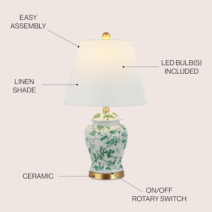 JONATHAN Y Penelope Ginger Jar 22" LED Table Lamp, White/Green | Chinoiserie, Ceramic Metal Construction, French Country Traditional, Linen Empire Shade, Brass Gold, LED Bulb Included