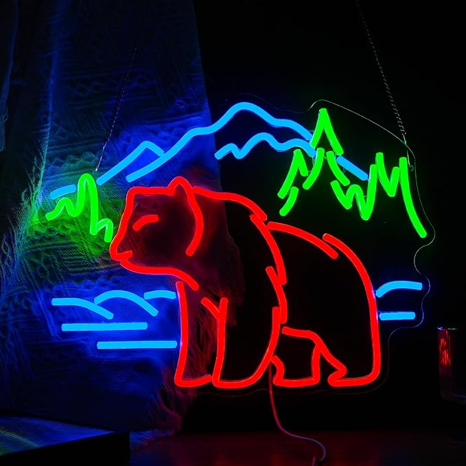 Bear Neon Sign for Wall Decor Dimmable Mountain LED Neon Light Bear Mountains Neon Light Signs Powered by USB for Living Room Hotel Zoo Neon Decor(16.5”*12.6”)