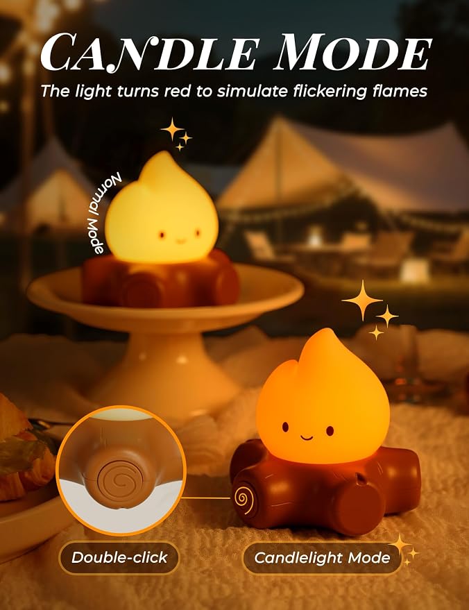 Campfire Camping Night Light, Flickering Flame Lights, Cute Gifts | Kids Camping Essentials, Silicone, Portable, Dimmable, Rechargeable Night Light, Flameless Candle Nightlight, Camping Decor