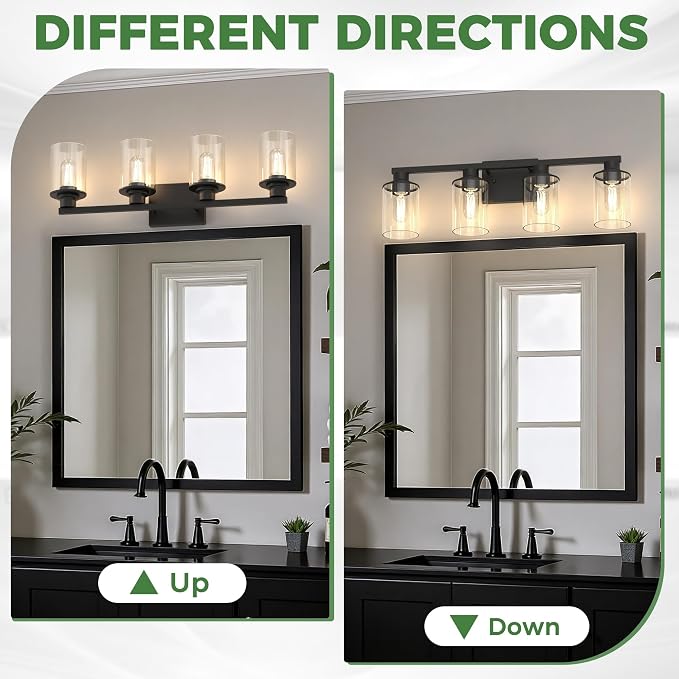 4-Light Black Bathroom Light Fixture Over Mirror ETL Listed | Modern Vanity Lights With Clear Glass Shade, Bathroom Wall Light, Wall Sconce for Hallway Bedroom Living Room, ETL Listed