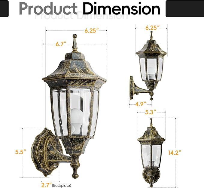 EMART Dusk to Dawn Outdoor Porch Light, Exterior Anti-Corrosion, Waterproof Aluminum & Glass Shades Wall Lamp Fixture, Modern Sconce Lantern for Yard, House, Garage - 2 Pack, Gold （Bulb Included）