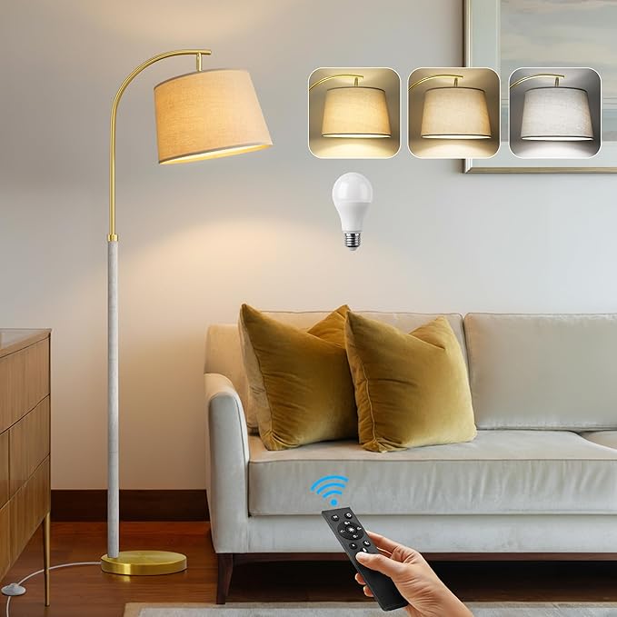 63" Wood Floor Lamp for Living Room Dimmable Standing Lamp with Remote & Foot Switch, 3 Color Temperatures Tall Lamp Mid Century Modern Floor Lamp for Bedroom Office, 9W Bulb Included, White