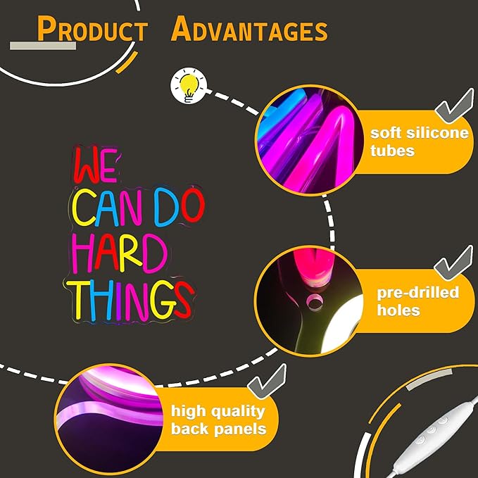We Can Do Hard Things Neon Sign, Motivational Neon Light LED Classroom Sign USB Dimmable, for Inspirational Classroom Office Library Neon Light Kids Wall Art Bedroom Birthday Party Backdrop(13.3*10.6In)