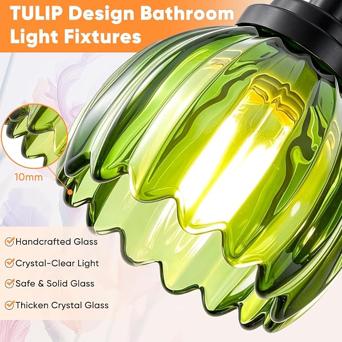 Bathroom Vanity Light, 3-Light Vanity Lighting Fixtures with Green Tulip Glass Shade, Modern Bathroom Wall Mount Lamp, Black Vanity Lights Over Mirror for Living Room, Hallway, Cabinet, Porch