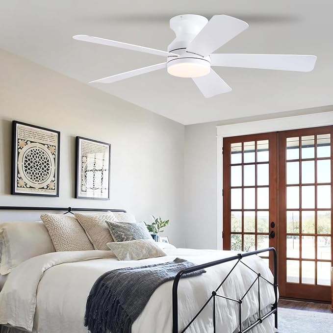 46 inch Ceiling Fans with Lights, White Flush Mount Ceiling Fan with Remote, 3CCT, LED Dimmable, Reversible, 6 Fan Speeds, Quite Low Profile Ceiling Fan with Lights Modern Bedroom Kitchen Indoor