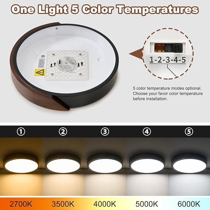 Modern LED Ceiling Light, Dark Walnut Wood Flush Mount Ceiling Light Fixture, Dimmable 5CCT Minimalist Circle Lighting Lamp with Acrylic Lampshade for Hallway Entryway Bedroom 11.8"