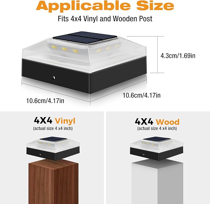 4x4 Solar Post Cap Lights Outdoor 4 Pack, 3 Color Modes/Dusk to Dawn/IP65 Waterproof, Fits 4x4 Vinyl/PVC Wood Posts Top, Black LED Fence Topper Light for Deck, Porch, Backyard
