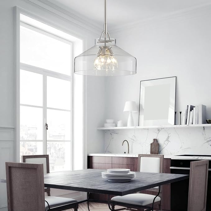 WUZUPS Chandelier Rustic Farmhouse Industrial Round Ceiling Pendant LED Light Fixture with Clear Glass Shades for Dining Room Kitchen Island Foyer Entryway, H 11.8" W 15", E26 Base, Gold