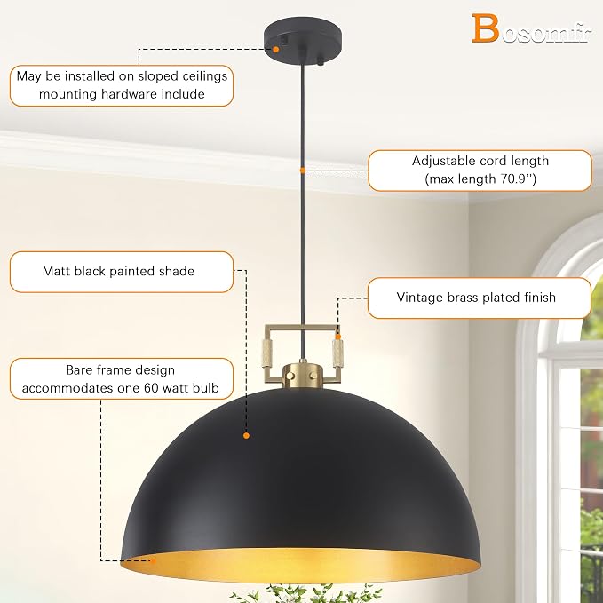 19.7" Vintage Pendant Light Industrial Pendant Light Dome Black and Gold Large Chandelier Light for Kitchen Island, Dining Room, Bedroom,Farmhouse Pendant Lighting