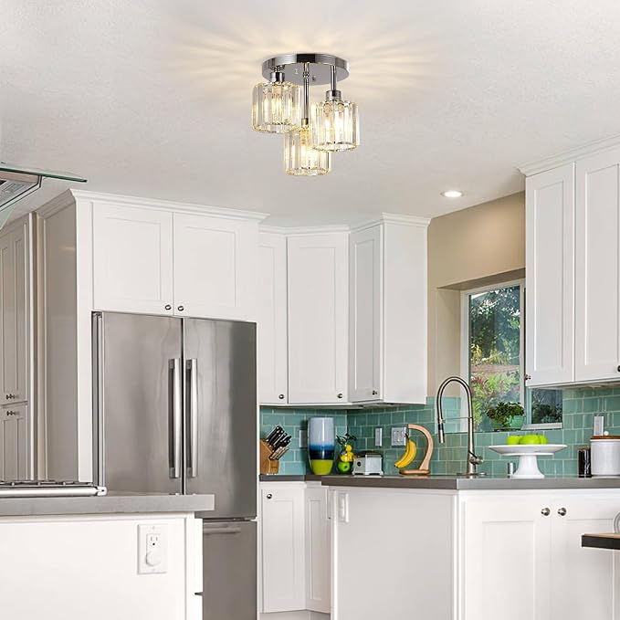 PAUFUL Semi Flush Mount Ceiling Light,3-Light Modern Close to Ceiling Light Fixtures,Kitchen Light with Clear Crystal Shades, Hallway Light Fixtures for Kitchen Entryway Bedroom Bathroom Foyer