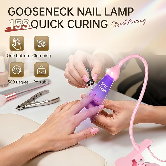 AORAEM LED Nail Lamps 3W Flexible Gooseneck Lamp Quicky Dry Nail Manicure Dryer Gel Polish Curing Light Plug Play Portable Flash Cure Light for Gel Nails Home DIY Professional Nail Tools Pink