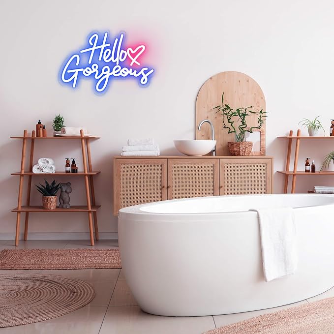 Hello Gorgeous Neon Signs for Wall Decor with Heart, Blue Hello Gorgeous LED Sign Lights for Bedroom Dorm Salon Wedding Party, Cute Makeup Dressing Beauty Room Decor, Preppy Girls Woman Cave
