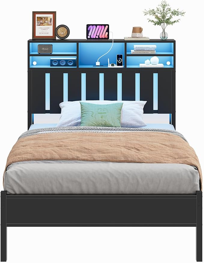 CSZZD Twin Size Bed Frame with Storage Headboard and LED Lights | Twin Bed with Charging Station & Storage Shelves, Black Metal Platform Bed with Under-Bed Storage, No Box Spring Needed