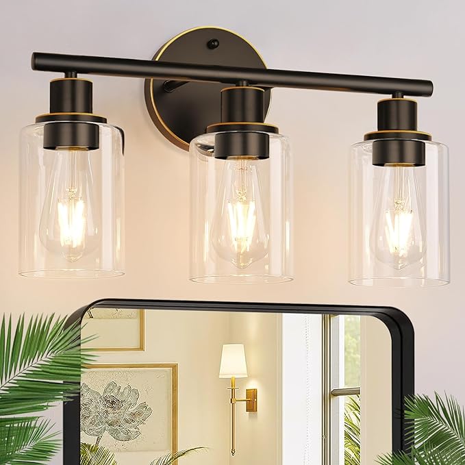 3-Light Bathroom Light Fixtures, Brown and Gold Bathroom Wall Lights, Modern Vanity Light with Clear Glass Shade, Bathroom Wall Lamp for Mirror Hallway Cabinet