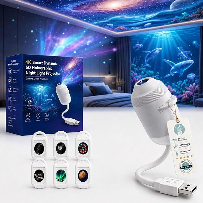2026 Upgraded Hd Smart Dynamic 5D Holographic Night Light Projector with 24 Films, Plug and Play HD Star Projector, 360° Adjustable Galaxy and Ocean Star Projector, USB Powered (6 Projection Films)