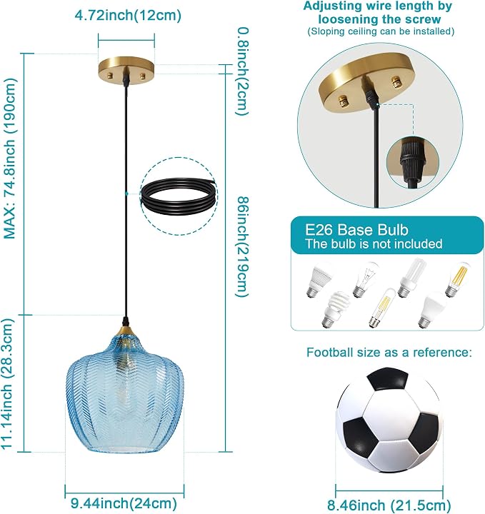 Blue Glass Pendant Lights Kitchen Island Gold Hanging Ceiling Light 9.45" | 1 Pack, Adjustable height, Dimmable, E26 bulbs, Rust-resistant Damp Rated For Bathrooms, 5-Year Warranty, UL Certification