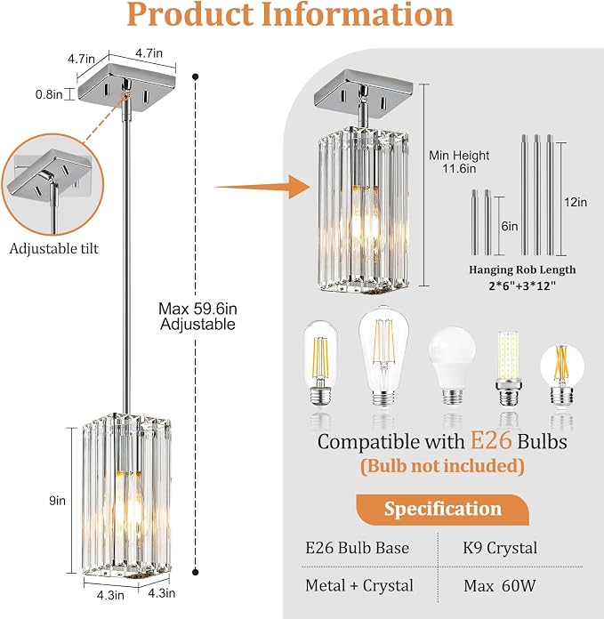 Modern Crystal Pendant Lights Kitchen Island, 3-Pack Chrome Hanging Light with Clear Crystal Shade, Adjustable Height Pendant Lighting for Kitchen Island Dining Room Bedroom Bar Entryway