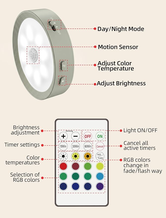 3-PACK Led Puck lights Closet Lights Motion Sensor Cabinet Lights Grey | 3 color temps & 12 RGB, dimmable, 15/30/60 mins timer, memory, magnetic/stick on, 3.3'' led lights for kitchen, closet, stair