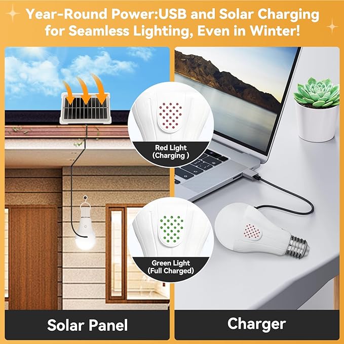 Neporal MagicGlow Rechargeable Solar Light Bulbs with Remote, USB+Solar Rechargeable Bulbs,3 Colors Shift + Dimmable Battery Light Bulb, A19 Emergency LED Light Bulbs, 15W, Up to 24 Hours, 2 Pack