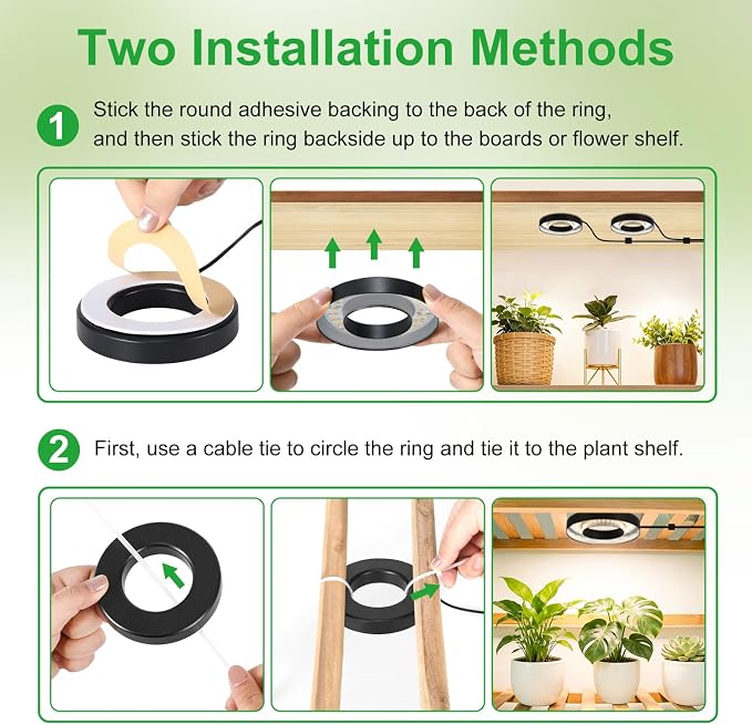 Full Spectrum Grow Light for Indoor Plants, Warm White 2 Head Black Angel Ring Ceiling and Under Cabinet Plant Lamp with 6/12/16H Timer, 10 Dimmable Levels and 3 Modes