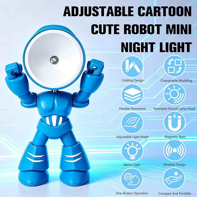 Mini Night Light, Posable Cartoon Cute Robot Companion Table Light, Bedside Reading Table Lamp for Desk Decor, Bedroom, Office (Black)