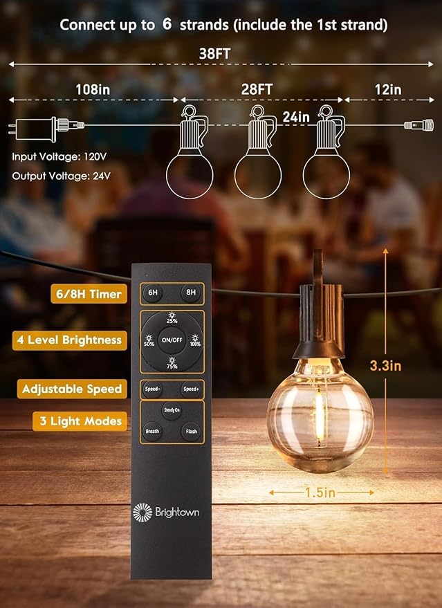 Brightown String Lights Outdoor 38Ft(28+10) with Remote Hooks and Clips, Patio String Lights for Outside with 17 Shatterproof Bulbs(2 Spare), Waterproof Dimmable Hanging Lights for Backyard Party Cafe