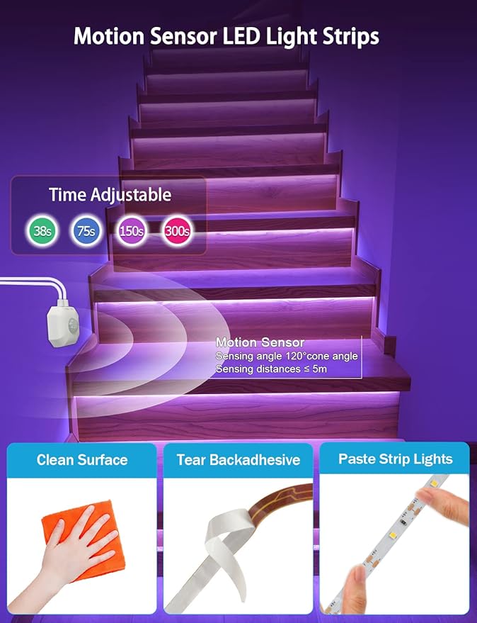Daymeet Motion Sensor LED Strip Lights, 16.4ft RGB Motion Activated Under Bed Lights with Automatic Shut Off Timer App Control Cabinet Night Light Closet Lights for Hallway, Kitchen,Bedroom