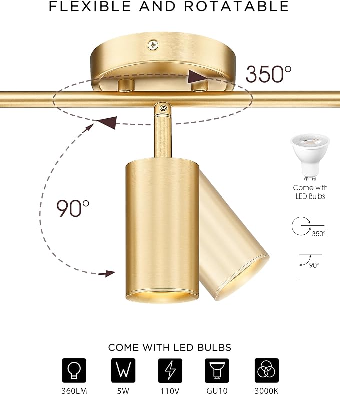 FEMILA Kitchen Track Lighting Fixtures Ceiling with GU10 Bulbs | Brushed gold track lights for kitchen islands, dining tables, and display walls