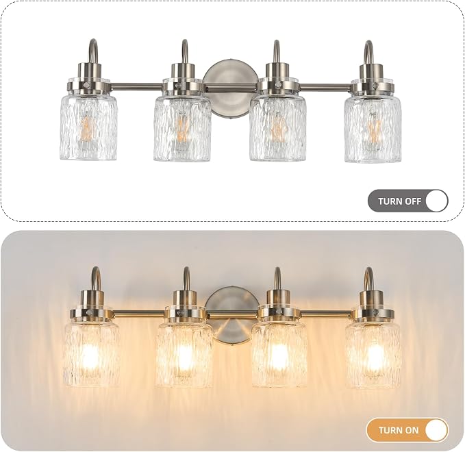 4 Lights Hammered Glass Bathroom Vanity Light,Brushed Nickel | Easy Installation,Up or Down,Farmhouse Modern Style,E26 Socket,ETL Certification
