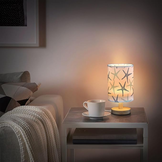 Table Lamp Nautical Starfish Pattern Nightstand Lamp with Wood Base Fabric Lamp Shade Bedside Desk Lamp for Living Room Bedroom Kids Room Office
