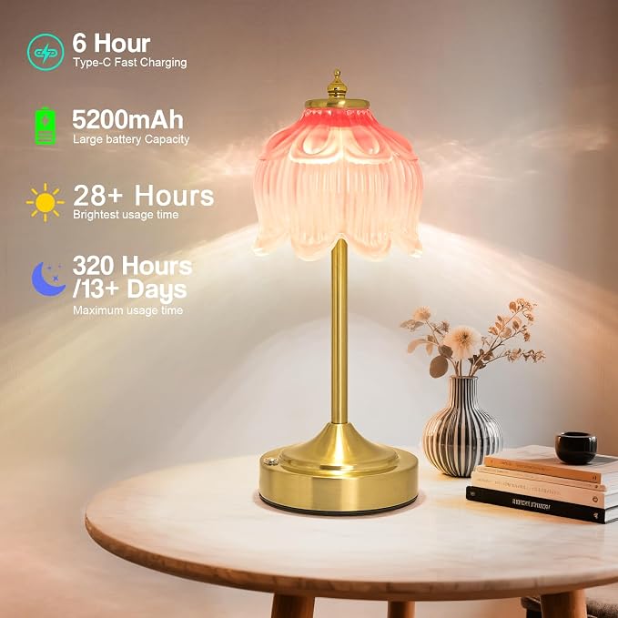 Cordless Table Lamp, Rechargeable Blush Pink Glass Lotus Flower Lamp | 5200mAh touch lamp with 3 color modes and stepless dimming, battery operated lamp for nightstands and kitchen counters