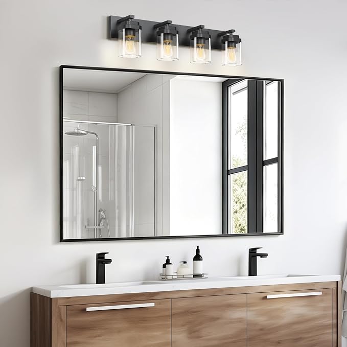 Black Bathroom Light Fixtures, 4 Lights Bathroom Lighting Fixtures Over Mirror, Square Design & Rectangle Large Backplate, Modern Vanity Lighting Fixtures, for Bathroom/Living Room/Bedroom