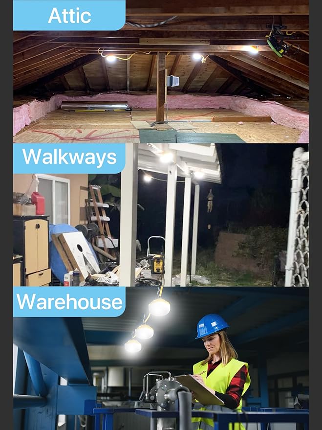 HYPERLITE Construction String Lights: 50FT 5 Bulbs Work Lights with 3 Prong - IP65 Waterproof Linkable LED Industrial Temporary Lighting for Construction Sites Attic Crawlspace Renovation