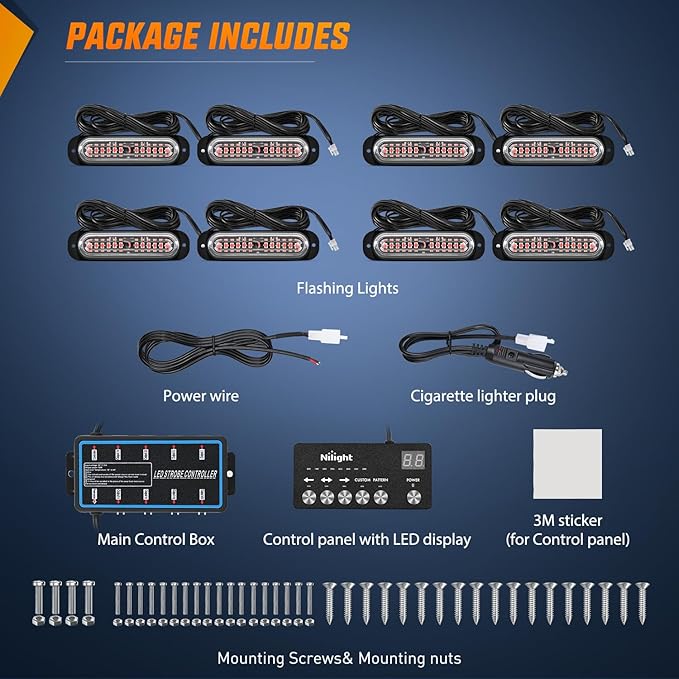 Nilight 8PCS Led Strobe Lights with Controller 12V 24V Sync Feature Red Strobe Light 12 LED Surface Mount Emergency Hazard Warning Lights with Strobe Controller for Vehicle Car Truck RV ATV