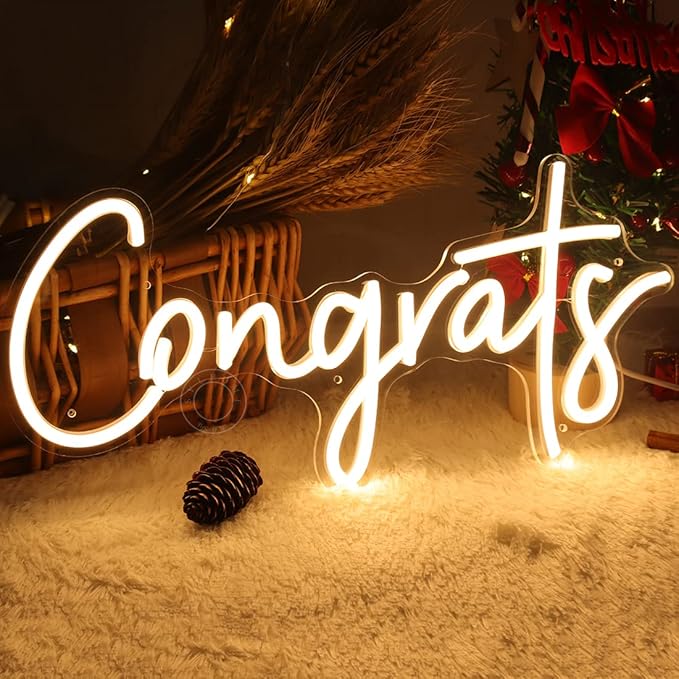 SYLHOME Congrats LED Neon Light Sign for Wedding Birthday Party Graduation Background Wall Decor Sign Celebration Banquet Light Up Sign 15.75" X 7.4" USB Indoors Warm White