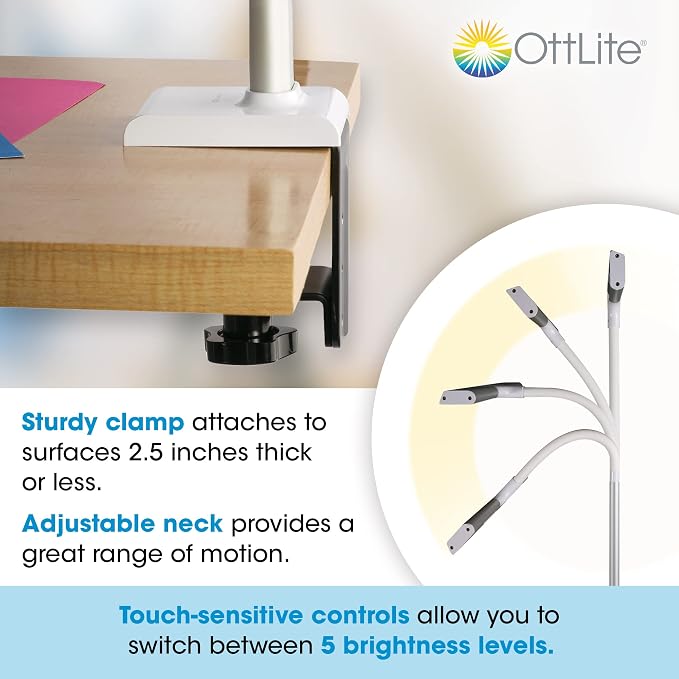 OttLite Extra Wide Area LED Clamp Lamp, 5 Light Levels, White and Silver | Natural Daylight LEDs | Sturdy Clamp | 3 Color Temperature Modes | Up to 700 Lumens