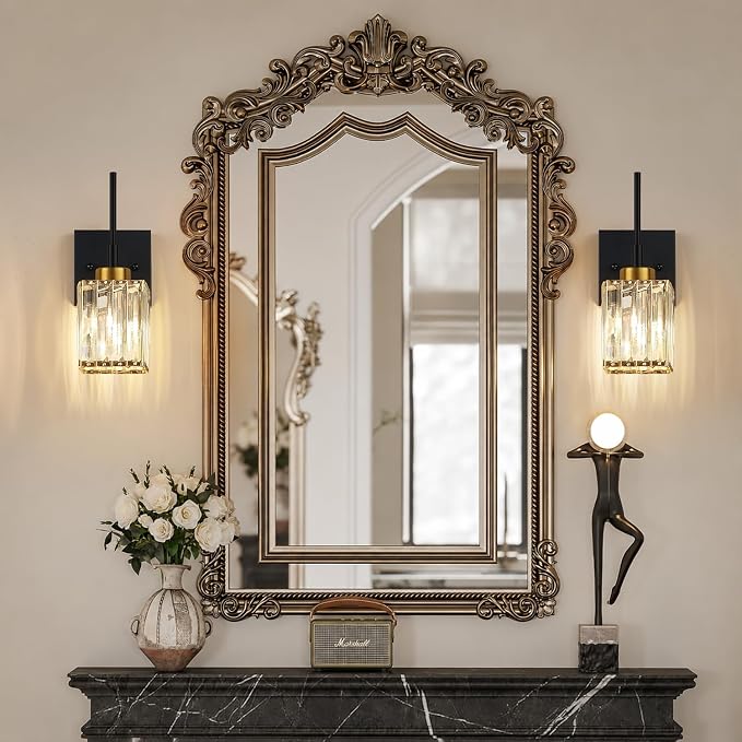 [Hardwired] Bathroom Wall Sconces Set of Two Bathroom Light Fixtures | Hardwired, Premium Crystal, Black and Gold Superior Durable Metal, Wall Lights for Living Room Bathroom Hallway Bedroom
