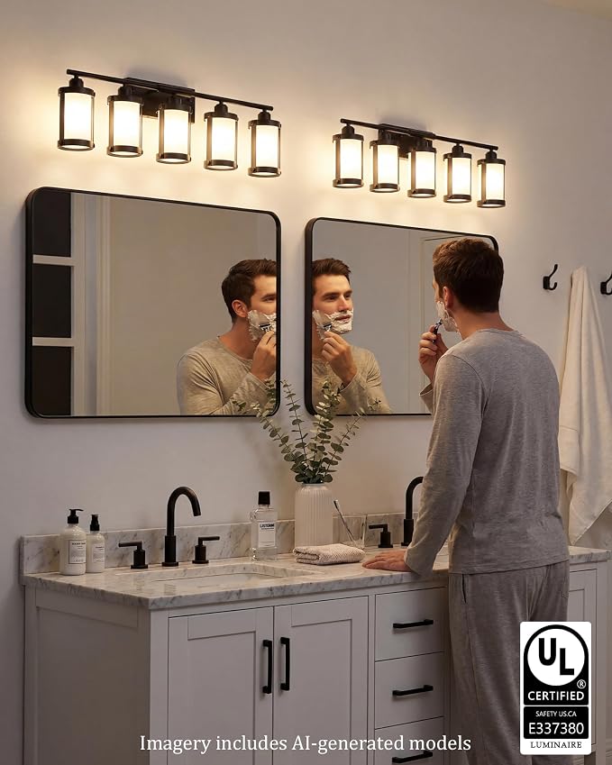 5-Light Matte Black Bathroom Light Fixtures Over Mirror with Frosted Milk Glass and Metal Cage Shade, 38" UL-Listed Modern Farmhouse Wall Sconce for Bath, Hardwire E26, OS-3014BKW-5W