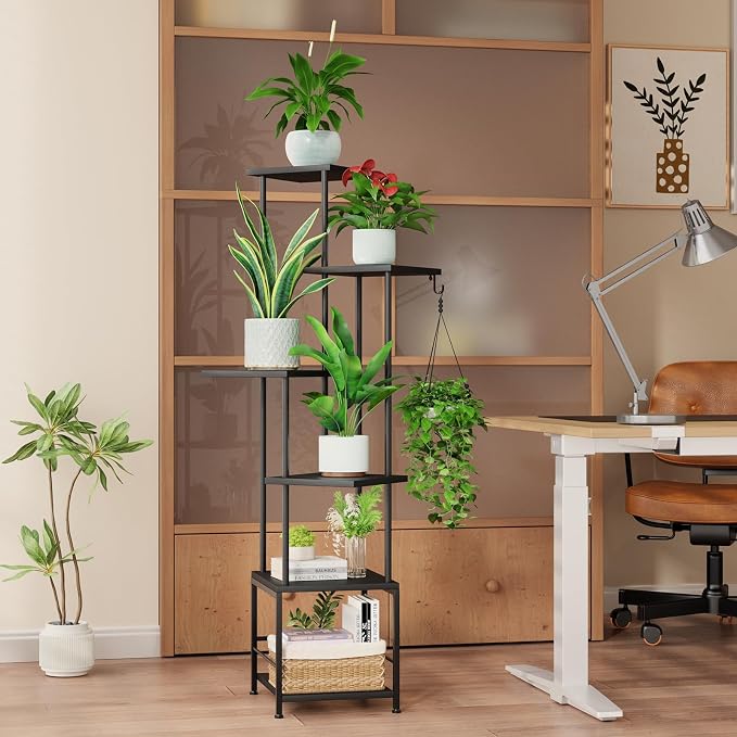 Plant Stand Indoor with Grow Light - 6-Tier Metal Plant Shelf with Hanging Basket Hook, Corner Tall Flower Holder for Multiple Plants, Living Room Balcony Garden Patio, Black