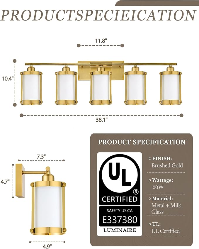 5-Light Brushed Gold Bathroom Light Fixtures Over Mirror with Frosted Milk Glass and Metal Cage Shade, 38" UL-Listed Modern Farmhouse Wall Sconce for Bath, Hardwire E26, OS-3014BGW-5W