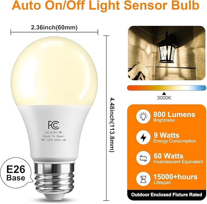 TJOY Dusk to Dawn Light Bulb Outdoor, Light Sensor, Automatic On/Off, 3000K | Photocell A19 LED Bulb for Outdoor Porch Lighting, 60W Equivalent, Energy Efficient 9W, Warm White, E26 Base, 8 Pack