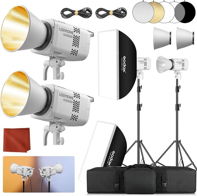 Godox 2Pack LE200Bi Light Kit wih Light Stand/Softbox/Carry Case/5-1 Reflector Bi-Color LED Professional Continuous Video Lighting Kit, CRI 98+, 2800K-6500K, 57700 Lux for Studio Shooting