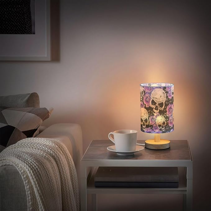 Gothic Pattern Table Lamp with Wood Base and Fabric Shade - Purple, Blue Rose Flower Design for Nightstand, Bedside, Desk, Living Room, Bedroom, Kids Room, Office
