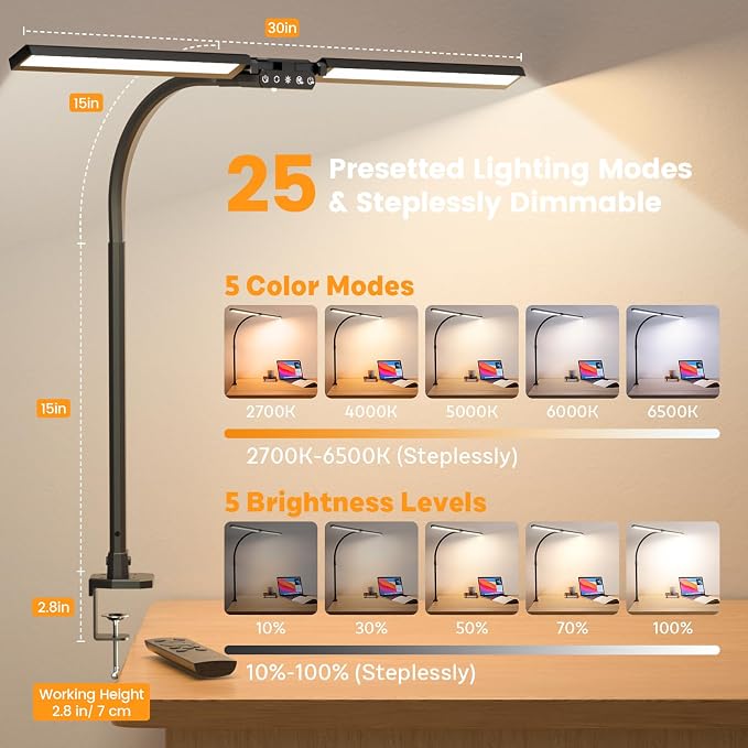Upgraded LED Desk Lamp for Home Office with RGB, Rotatable Computer Desk Light with Remote, Tall Table Lamp with Clamp for Working, Dimmable Dual Head Task Lighting for Monitor PC, 22W