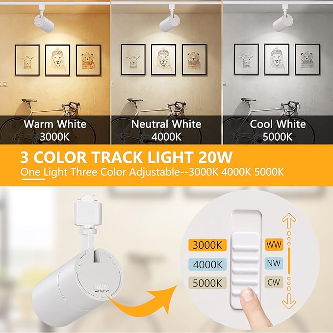 VANoopee 3-Color 20W Dimmable LED Track Lighting Heads H Type - Bright Track Light Fixtures Ceiling Spotlight for Kitchen, 3000K 4000K 5000K Selectable, Pack of 6, Flicker Free CRI90+ 36° 2000lm White