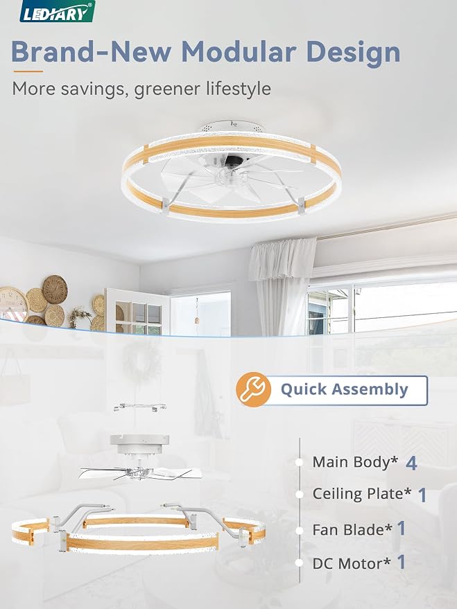LEDIARY 24'' Low Profile Ceiling Fans with Lights and Remote, Wood Grain | 3000-6000K Dimmable LED, 6 Wind Speeds, Quiet Reversible DC Motor, Small Flush Mount Fandelier for Bedroom, Living Room