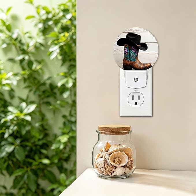 Nightlight Cowboy Boots Night Lights Plug Into Wall Auto Sensor | Rustic Western Night Light Dusk to Dawn Led Sleep Round Lamp for Living Room Hallway Stairs