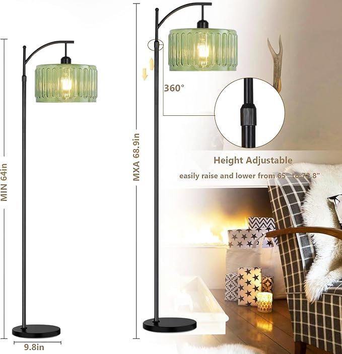 ILLMTW Black Floor Lamp for Living Room,Bedroom,Standing Lamp with Remote Dimmable Tall Lamp Vintage Retro Mid Century Modern Floor Lamps Arc Green Glass Lamp Floor Light Boho Bohemian