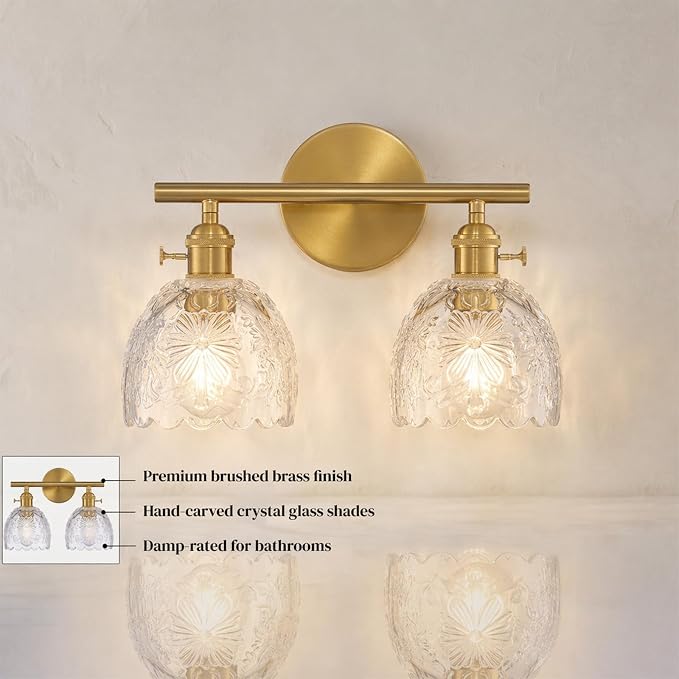 Hamilyeah 2-Light Bathroom Vanity Light Over Mirror, Brushed Gold Wall Sconce with Clear Floral Glass Shades, Modern Bathroom Light Fixture for Bedroom, Hallway, Kitchen
