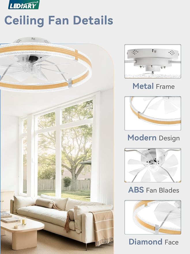LEDIARY 24'' Low Profile Ceiling Fans with Lights and Remote, Wood Grain | 3000-6000K Dimmable LED, 6 Wind Speeds, Quiet Reversible DC Motor, Small Flush Mount Fandelier for Bedroom, Living Room
